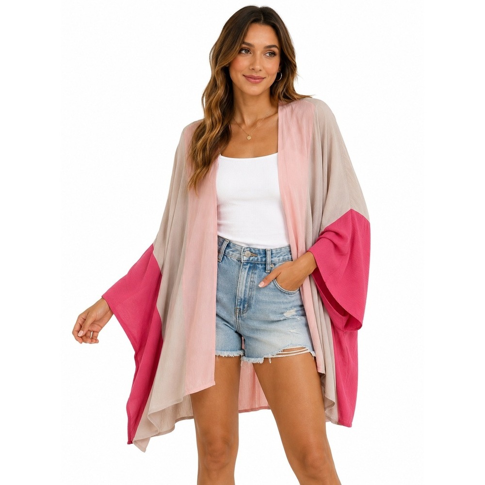 Rustic Rack Kimono Women Size S Pink‎ Tan Colorblock Boho Flowy Cardigan